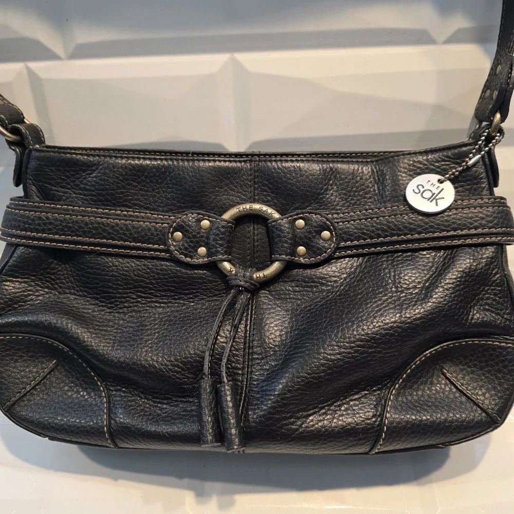 The Sak Black Pebbled Crescent Shoulder Bag Zip Houndstooth Lined Pockets Y2K